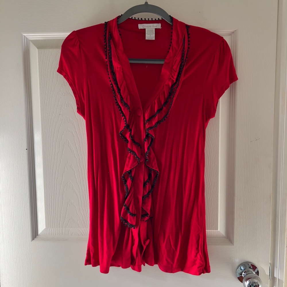 Red and black holiday ruffle blouse button down